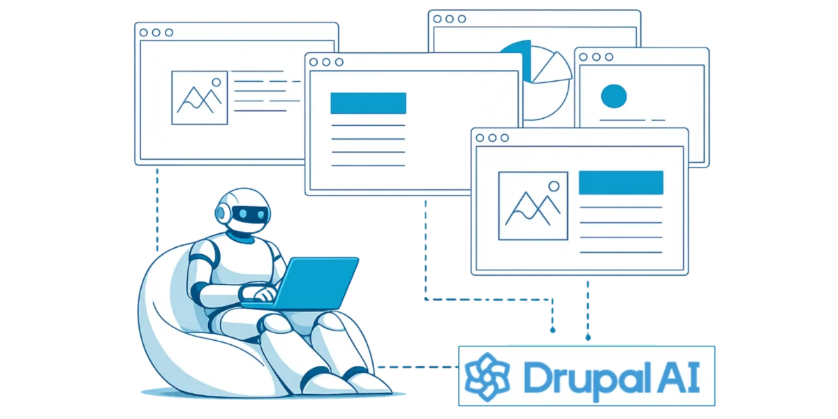 Roboter am Laptop und Drupal AI Logo