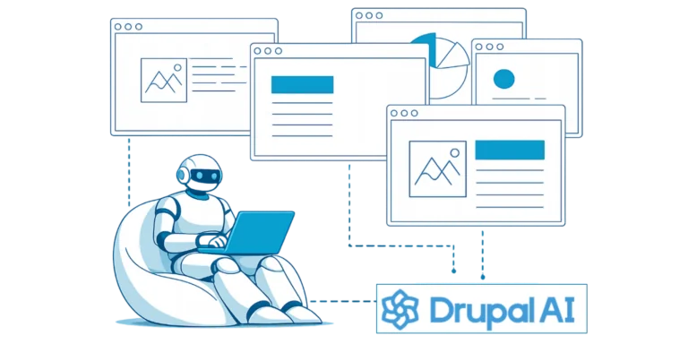 Roboter am Laptop und Drupal AI Logo