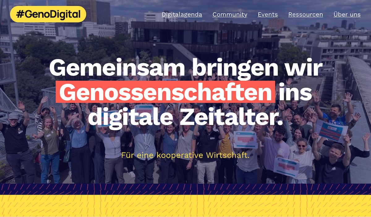 Homescreen der barrierefreien Website mit Spruch: Gemein­­sam bringen wir Genossen­­schaften ins digi­tale Zeitalter