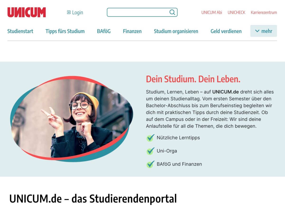 Startseite des Studierendenmagazins Unicum