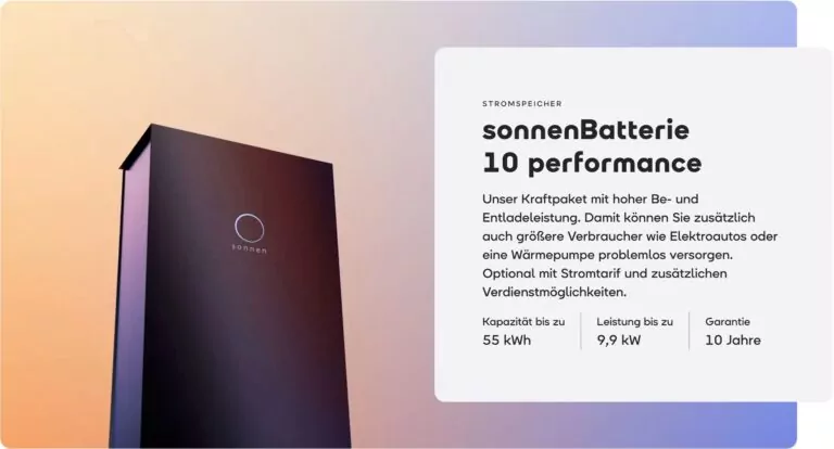 Produktdarstellung einer sonnen-Batterie mit Produktinformationen