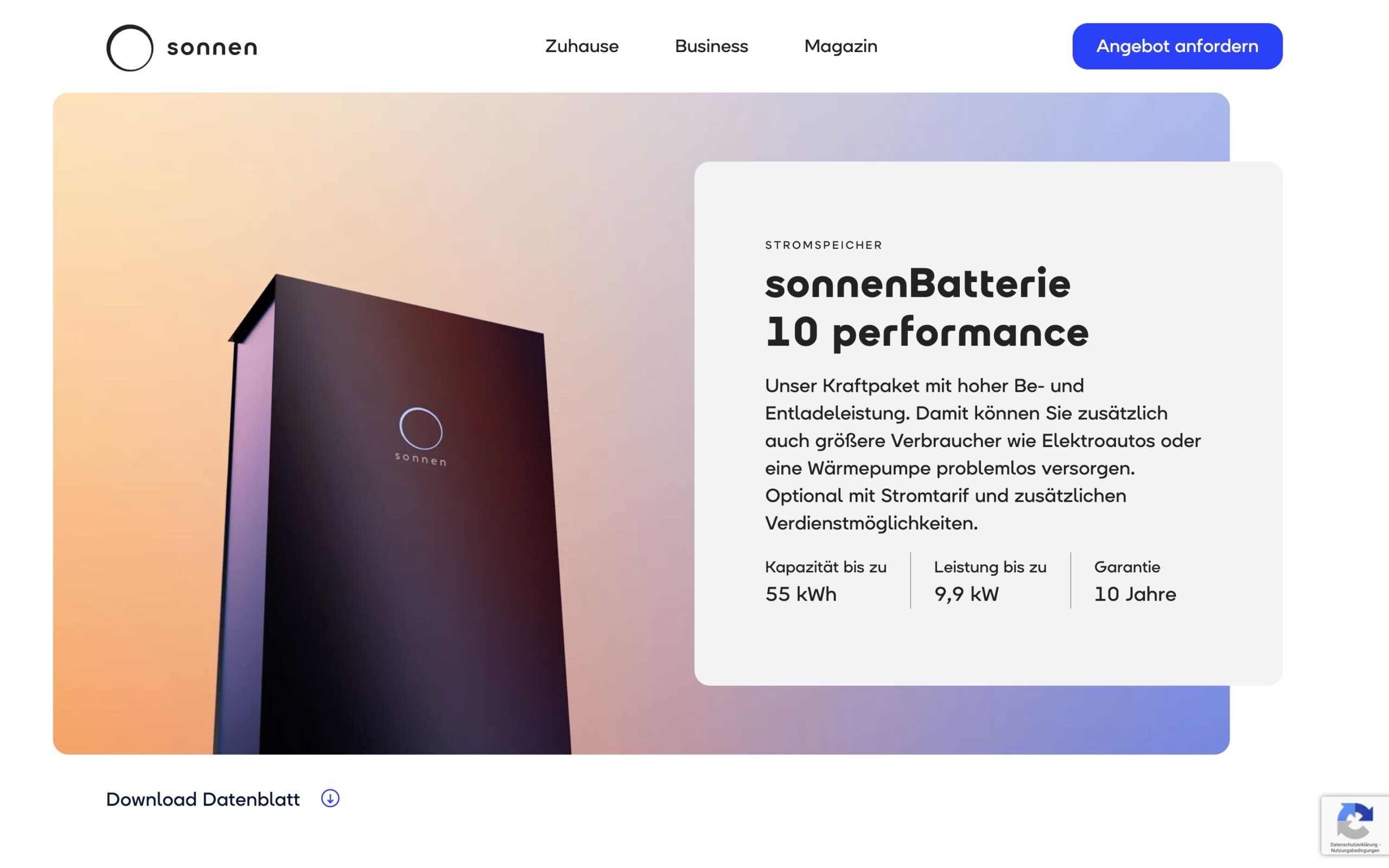 Produktdarstellung einer sonnen-Batterie mit Produktinformationen