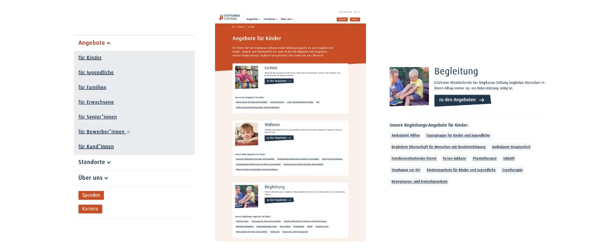 Menüdarstellung, Übersichtsseite Kinder und Teaserdarstellung