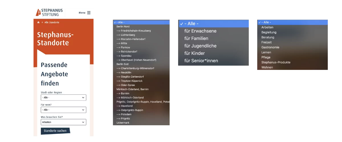 Screenshots mit Angebotsfinder und Filteroptionen