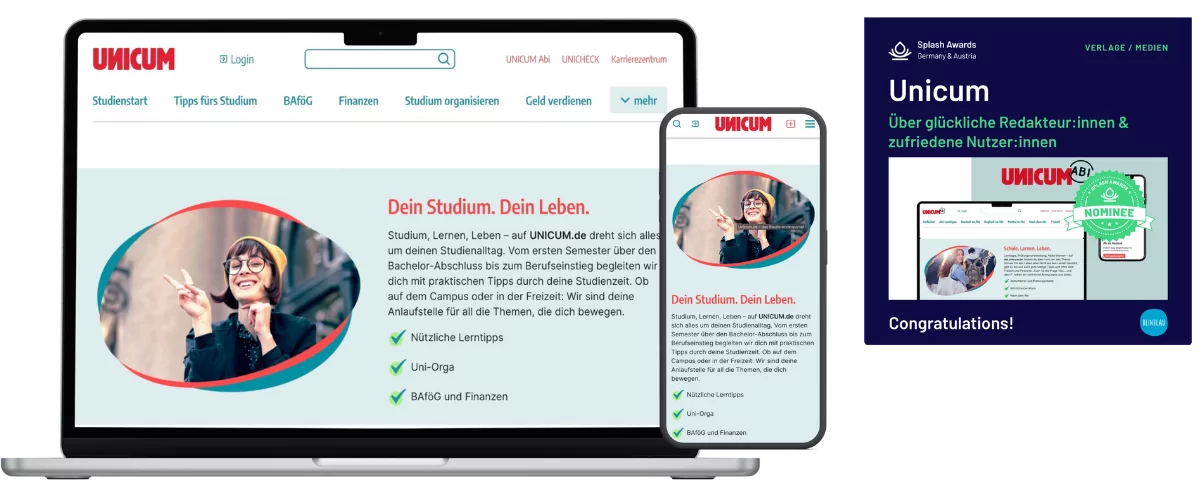 Startseite von Unicum und Badge mit Nominierung für die Splash-Awards