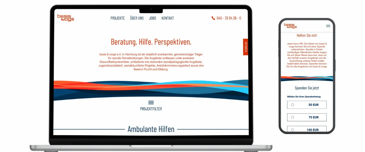 Darstellung der Startseite in Desktop- und Mobilansicht
