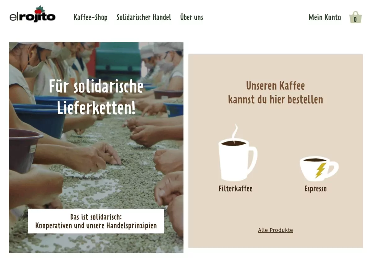 Screenshot der Startseite des Online-Shops von El Rojito