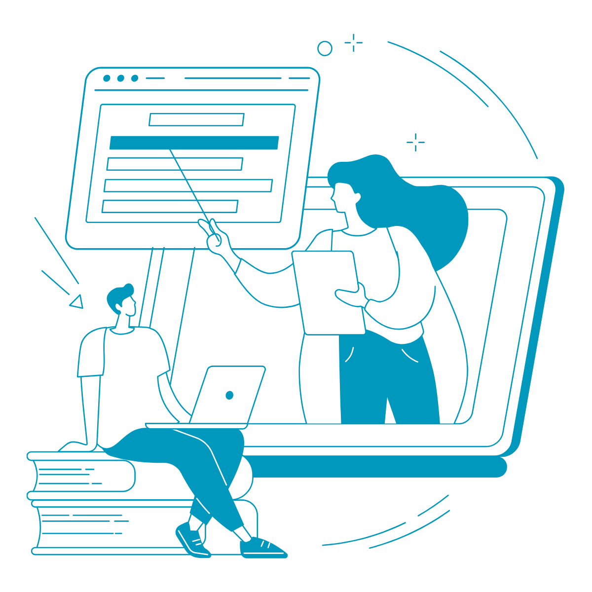 Grafische Darstellung von zwei Personen, die mit Laptop und Tablet im Internet surfen