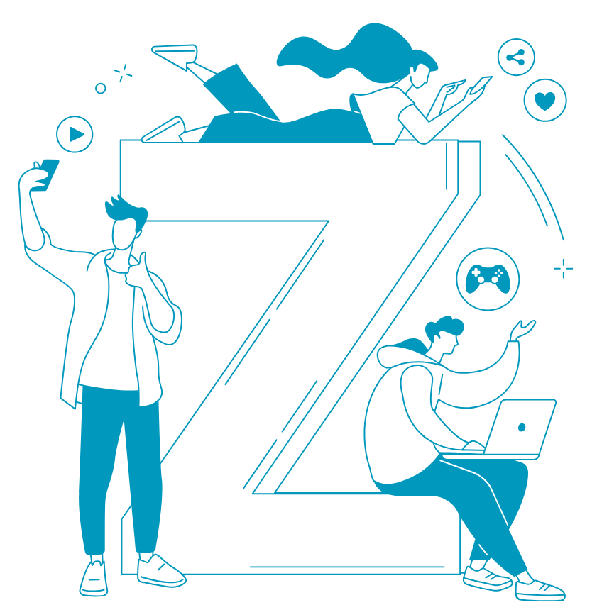 Grafische Darstellung von 3 Personen, die mit verschiedenen Geräten im Internet surfen