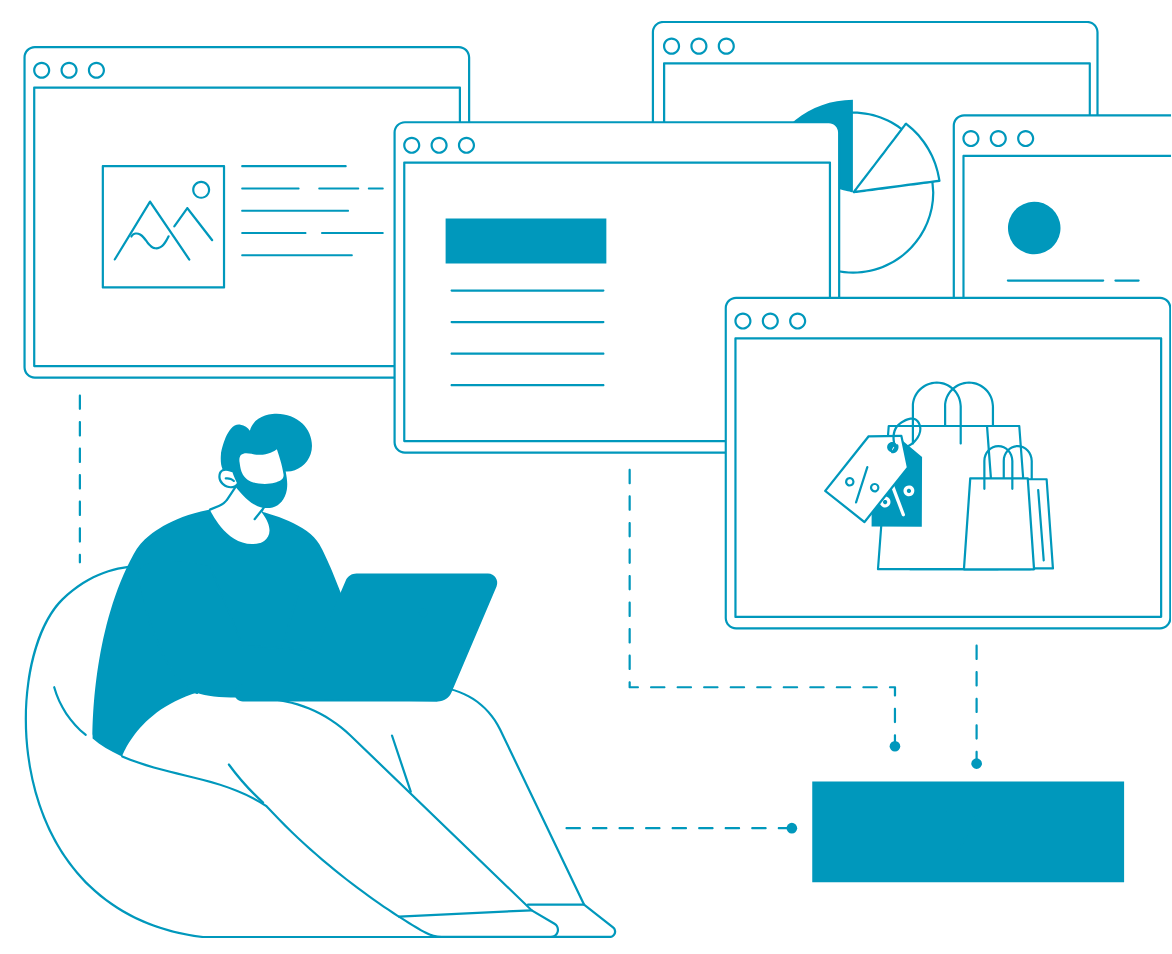 Grafische Darstellung eines Mannes, der verschiedene Webseiten aufruft