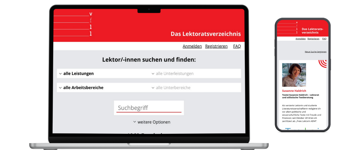 Website des Lektoratsverzeichnises mit zentraler Suchfunktion