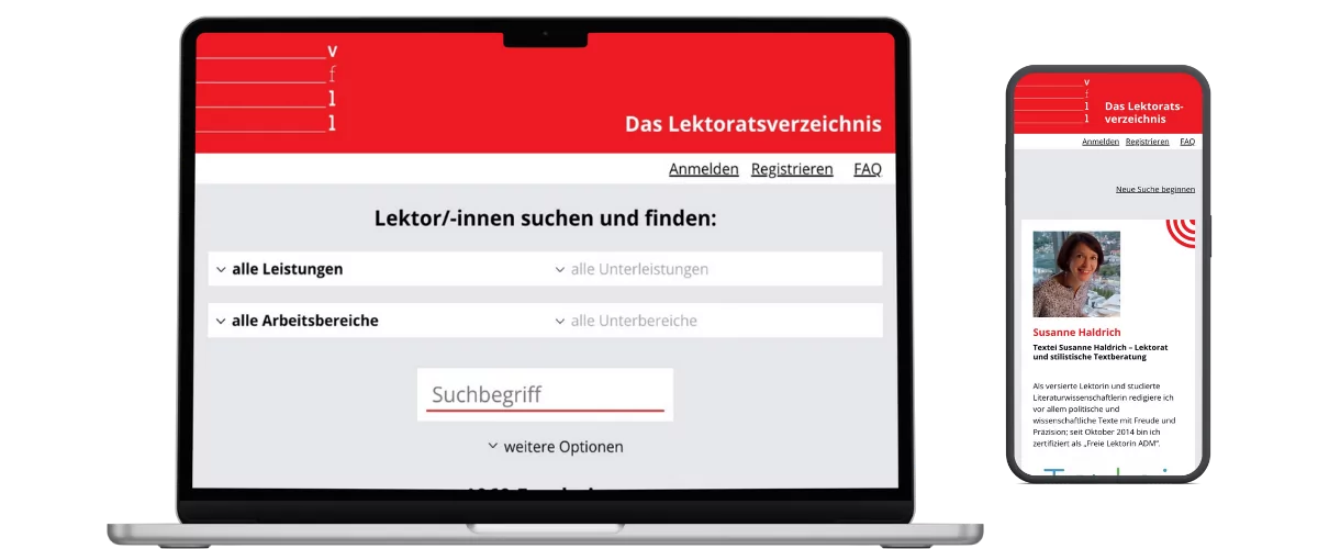 Website des Lektoratsverzeichnises mit zentraler Suchfunktion